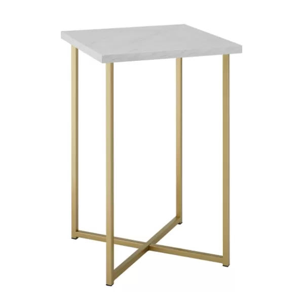 Accent & End Tables-Kirkland's Home White Faux Marble And Gold X-Base Accent Table