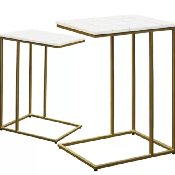 Accent & End Tables-Kirkland's Home White Marble And Gold Grid Accent Tables, Set Of 2 White/Gold