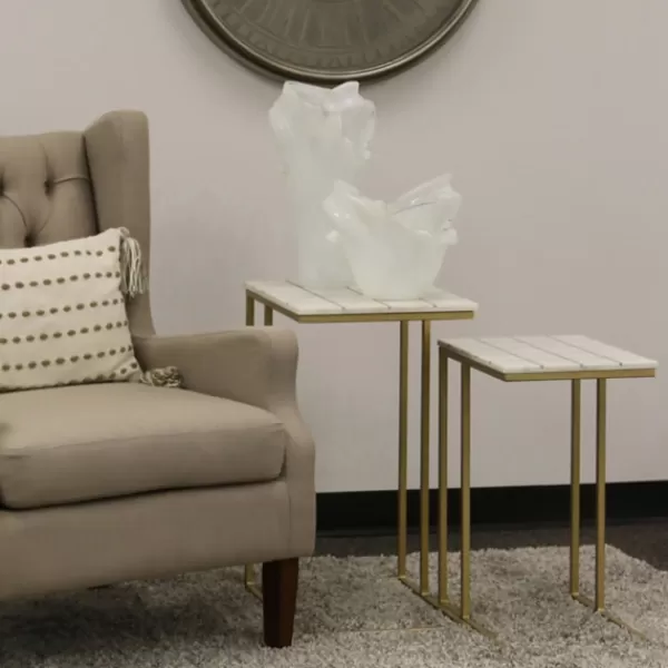Accent & End Tables-Kirkland's Home White Marble And Gold Grid Accent Tables, Set Of 2 White/Gold