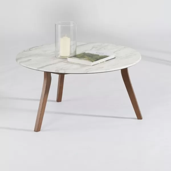 Coffee Tables-Kirkland's Home White Marble And Wood Round Coffee Table Tan