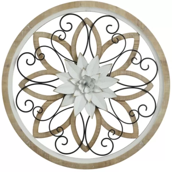 Wall Plaques-Kirkland's Home White Metal And Wood Floral Round Wall Plaque White/Tan/Black