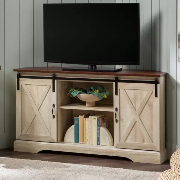 Tv Stands & Media Consoles-Kirkland's Home White Oak Sliding Barn Doors Corner Tv Stand Ivory