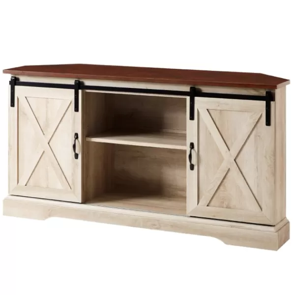 Tv Stands & Media Consoles-Kirkland's Home White Oak Sliding Barn Doors Corner Tv Stand Ivory
