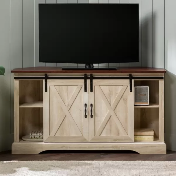 Tv Stands & Media Consoles-Kirkland's Home White Oak Sliding Barn Doors Corner Tv Stand Ivory