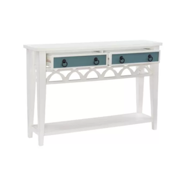 Console Tables-Kirkland's Home White Or Teal Paneled Fretwork Console Table White/Blue