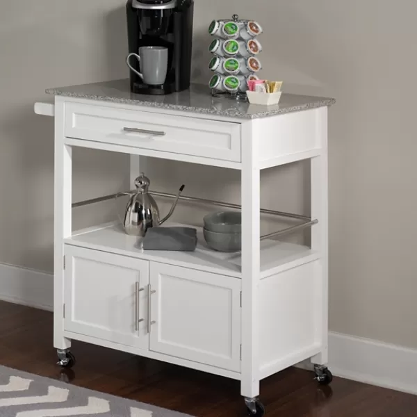 Kitchen Islands & Bar Carts-Kirkland's Home White Parker Granite Top Rolling Kitchen Cart