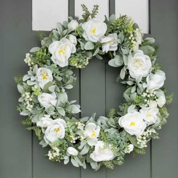 Wreaths-Kirkland's Home White Peony And Greenery Wreath White/Green