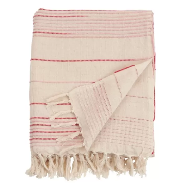 Blankets & Throws-Kirkland's Home White Pink Striped Fringe Throw Blanket White/Pink