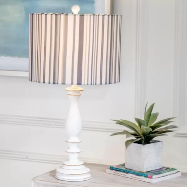 Table Lamps-Kirkland's Home White Resin Table Lamp With Blue Stripe Shade White/Blue