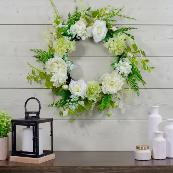 Wreaths-Kirkland's Home White Roses And Geraniums Wreath Green/White