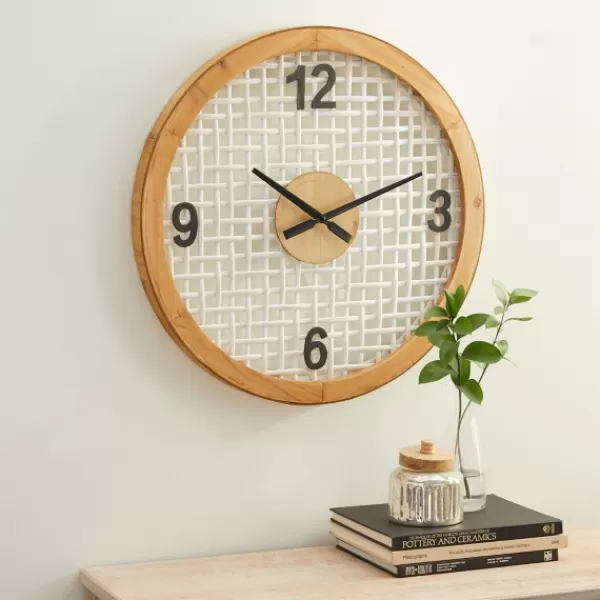 Clocks-Kirkland's Home White Rustic Woven Farmhouse Wall Clock