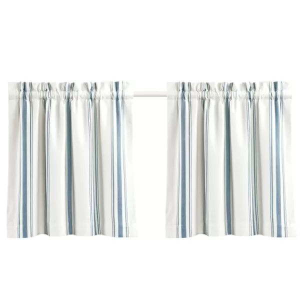 Curtains & Drapes-Kirkland's Home White Stripe Cafe Curtain Panel Set, 24 In. Blue