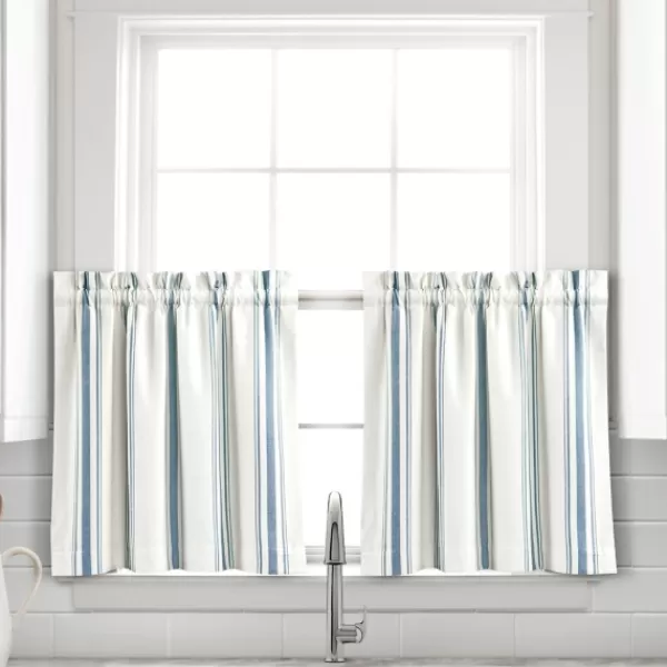 Curtains & Drapes-Kirkland's Home White Stripe Cafe Curtain Panel Set, 24 In. Blue