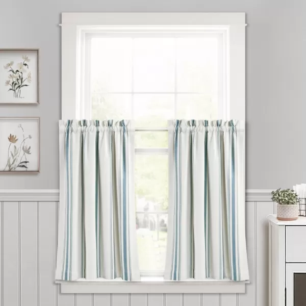 Curtains & Drapes-Kirkland's Home White Stripe Cafe Curtain Panel Set, 36 In. Blue