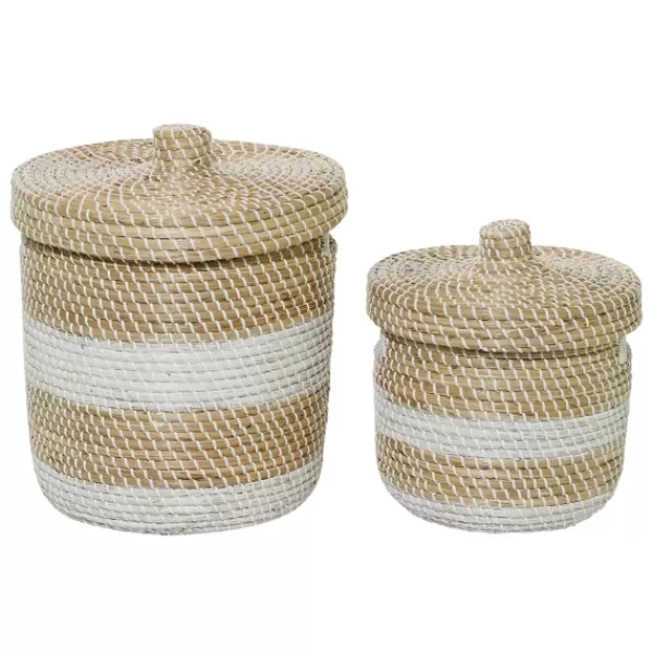 Baskets & Boxes-Kirkland's Home White Stripe Sea Grass 2-Pc. Storage Baskets Tan/White