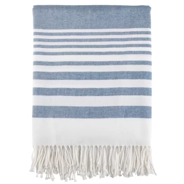 Blankets & Throws-Kirkland's Home White Stripe Throw Blanket With Fringe Blue