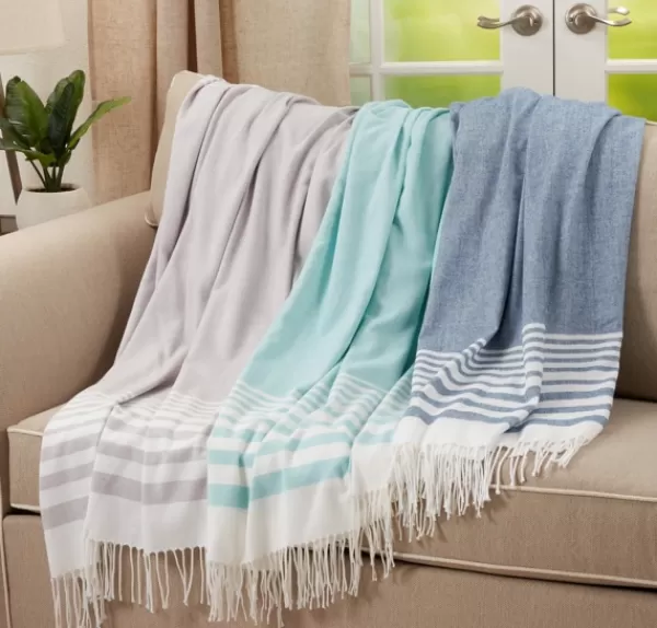 Blankets & Throws-Kirkland's Home White Stripe Throw Blanket With Fringe Blue