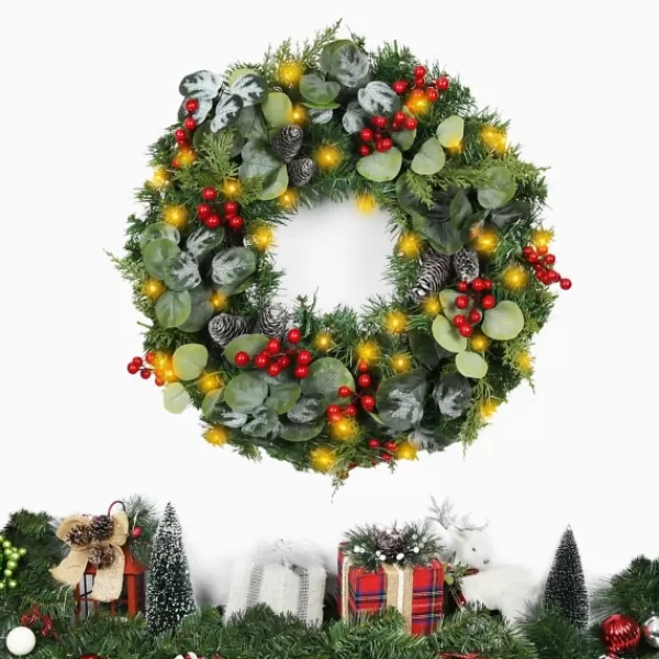 Wreaths-Kirkland's Home White Tip Pinecone And Eucalyptus Pre-Lit Wreath Green/White/Red