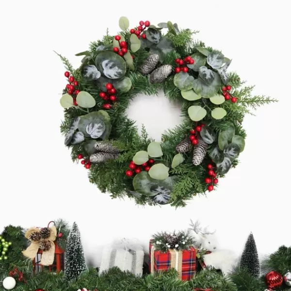 Wreaths-Kirkland's Home White Tip Pinecone And Eucalyptus Wreath Green/White/Red