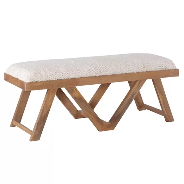 Benches & Ottomans-Kirkland's Home White Upholstered Seat And Tan Wood Bench Tan/White