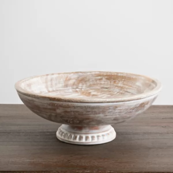 Decorative Bowls & Jars-Kirkland's Home White Washed Mango Wood Pedestal Bowl, 12 In. White/Brown