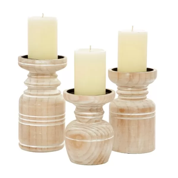 Candle Holders-Kirkland's Home White Washed Wood Carved Candle Holders, Set Of 3 White/Brown/Tan