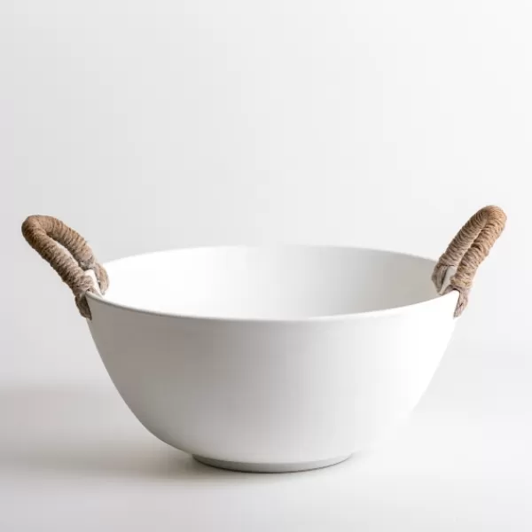 Decorative Bowls & Jars-Kirkland's Home White Wood And Rope Handles Decorative Bowl White/Tan