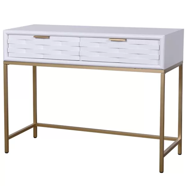 Console Tables-Kirkland's Home White Wood Basket Weave Console Table