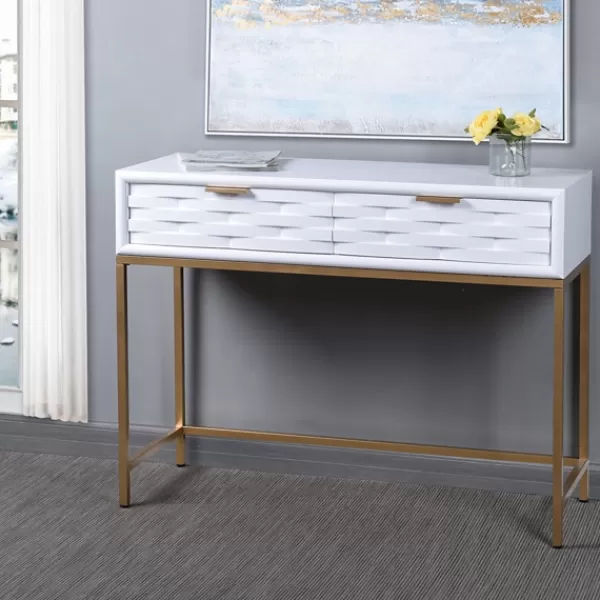 Console Tables-Kirkland's Home White Wood Basket Weave Console Table