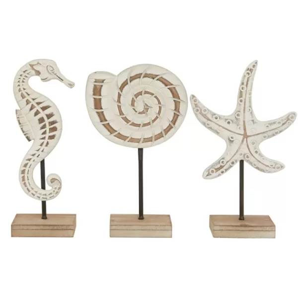 Statues & Figurines-Kirkland's Home White Wood Sea Creature Statues, Set Of 3 Tan/White