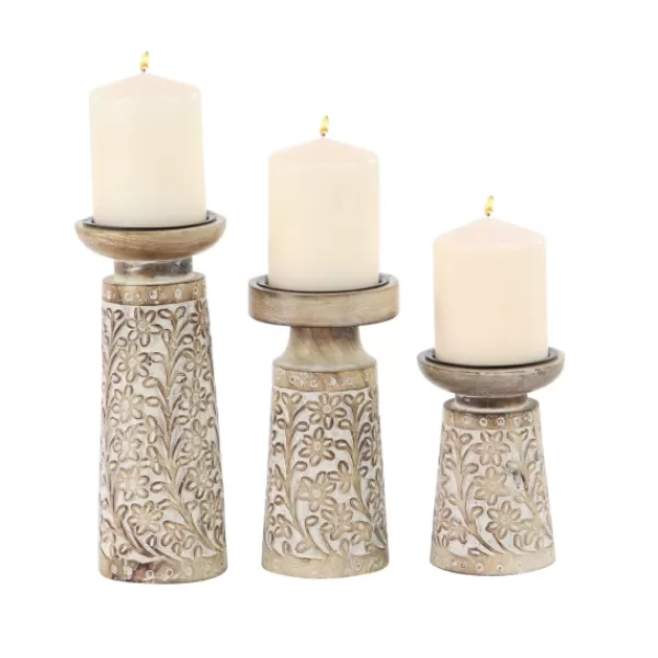 Candle Holders-Kirkland's Home Whitewash Floral Mango Candlesticks, Set Of 3 Ivory/Tan