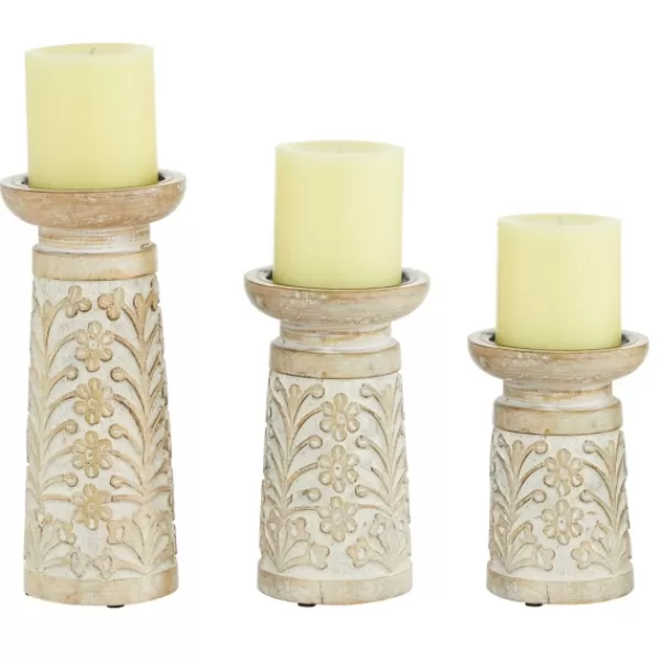 Candle Holders-Kirkland's Home Whitewashed Brown Carved Candle Holders, Set Of 3 White/Brown