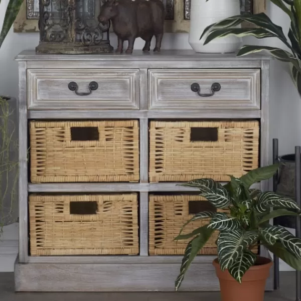 Entryway Furniture-Kirkland's Home Whitewashed Cabinet With Rattan Baskets Brown