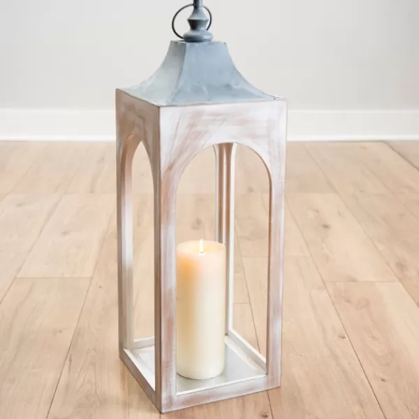 Lanterns-Kirkland's Home Whitewashed New Hampshire Lantern, 30 In. White/Gray