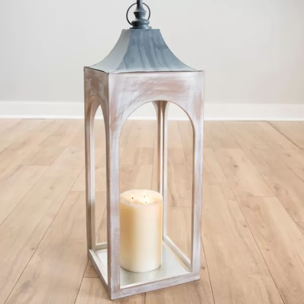 Lanterns-Kirkland's Home Whitewashed New Hampshire Lantern, 36 In. White/Gray