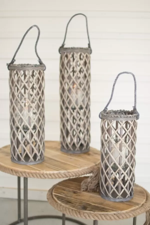 Lanterns-Kirkland's Home Willow Lanterns With Glass Pillars, Set Of 3 Gray