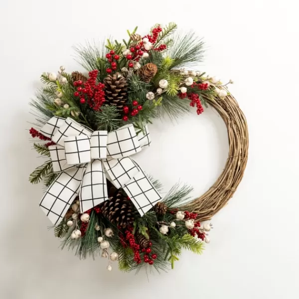 Wreaths-Kirkland's Home Windowpane Plaid Berry Bow Wreath Brown/Red/Green/White