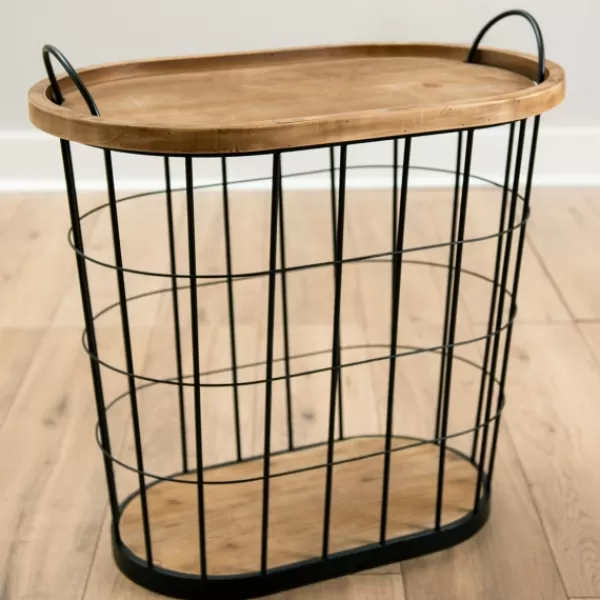 Accent & End Tables-Kirkland's Home Wire And Natural Wood Basket Side Table Black