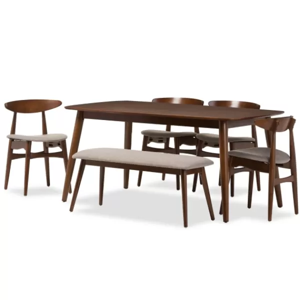 Dining Tables-Kirkland's Home Wood 6-Pc. Mid-Century Modern Dining Set Brown