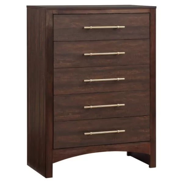 Dressers & Chests-Kirkland's Home Wood & Gold Hardware 5-Drawer Chest Brown