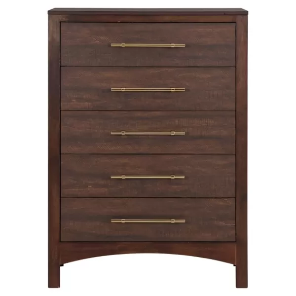 Dressers & Chests-Kirkland's Home Wood & Gold Hardware 5-Drawer Chest Brown