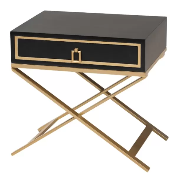 Nightstands-Kirkland's Home Wood & Gold X-Base Nightstand Black