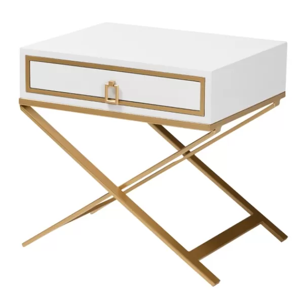 Nightstands-Kirkland's Home Wood & Gold X-Base Nightstand White