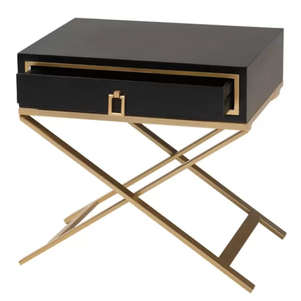 Nightstands-Kirkland's Home Wood & Gold X-Base Nightstand Black