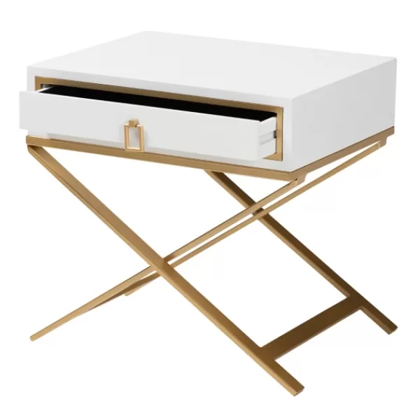 Nightstands-Kirkland's Home Wood & Gold X-Base Nightstand White