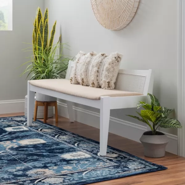 Benches & Ottomans-Kirkland's Home Wood And Cane Upholstered Bench White