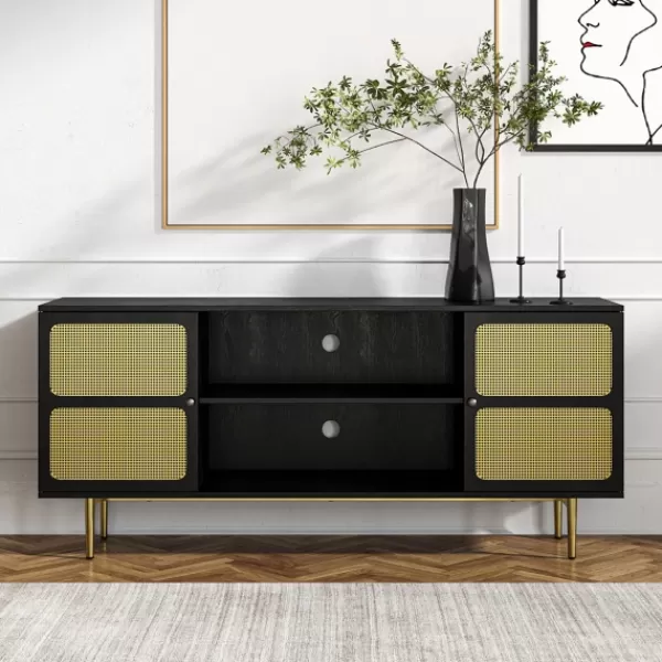 Tv Stands & Media Consoles-Kirkland's Home Wood And Gold Paneled 2-Door Tv Stand Black