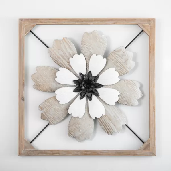 Wall Plaques-Kirkland's Home Wood And Metal Flower I Framed Wall Plaque White/Black/Tan