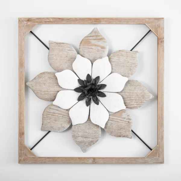 Wall Plaques-Kirkland's Home Wood And Metal Flower Ii Framed Wall Plaque White/Black/Tan