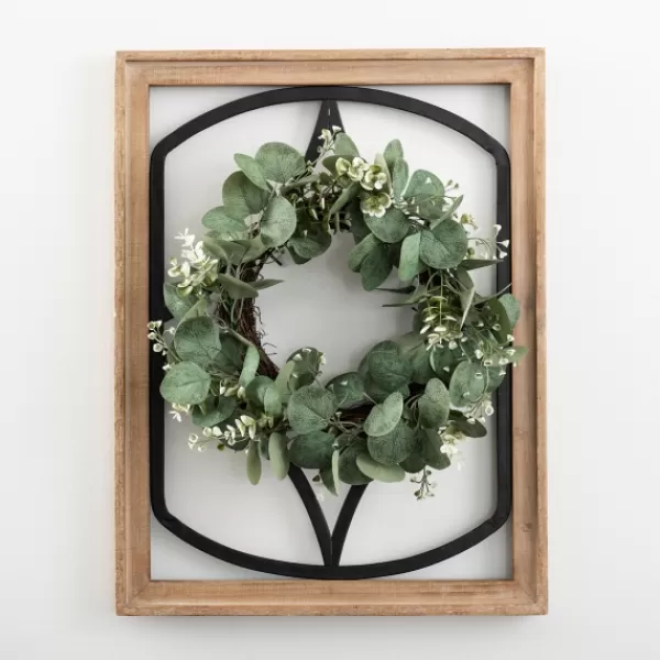 Wall Plaques-Kirkland's Home Wood And Metal Framed Wreath Wall Plaque Green/Black/Tan